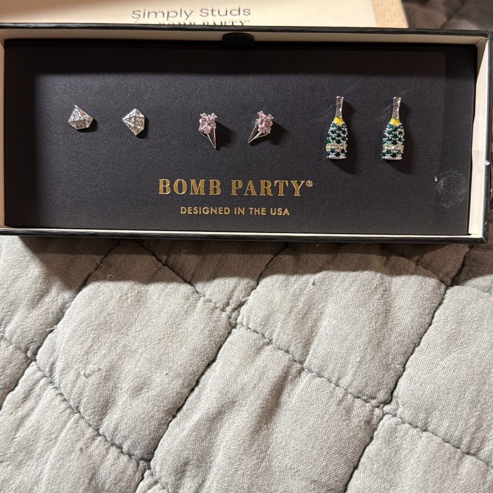 Bomb Party Earring Set with Silver and Green Accents